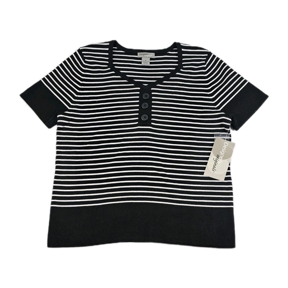 Designers Originals Black White Striped XL Short Sleeve Knit Top Classic V Neck